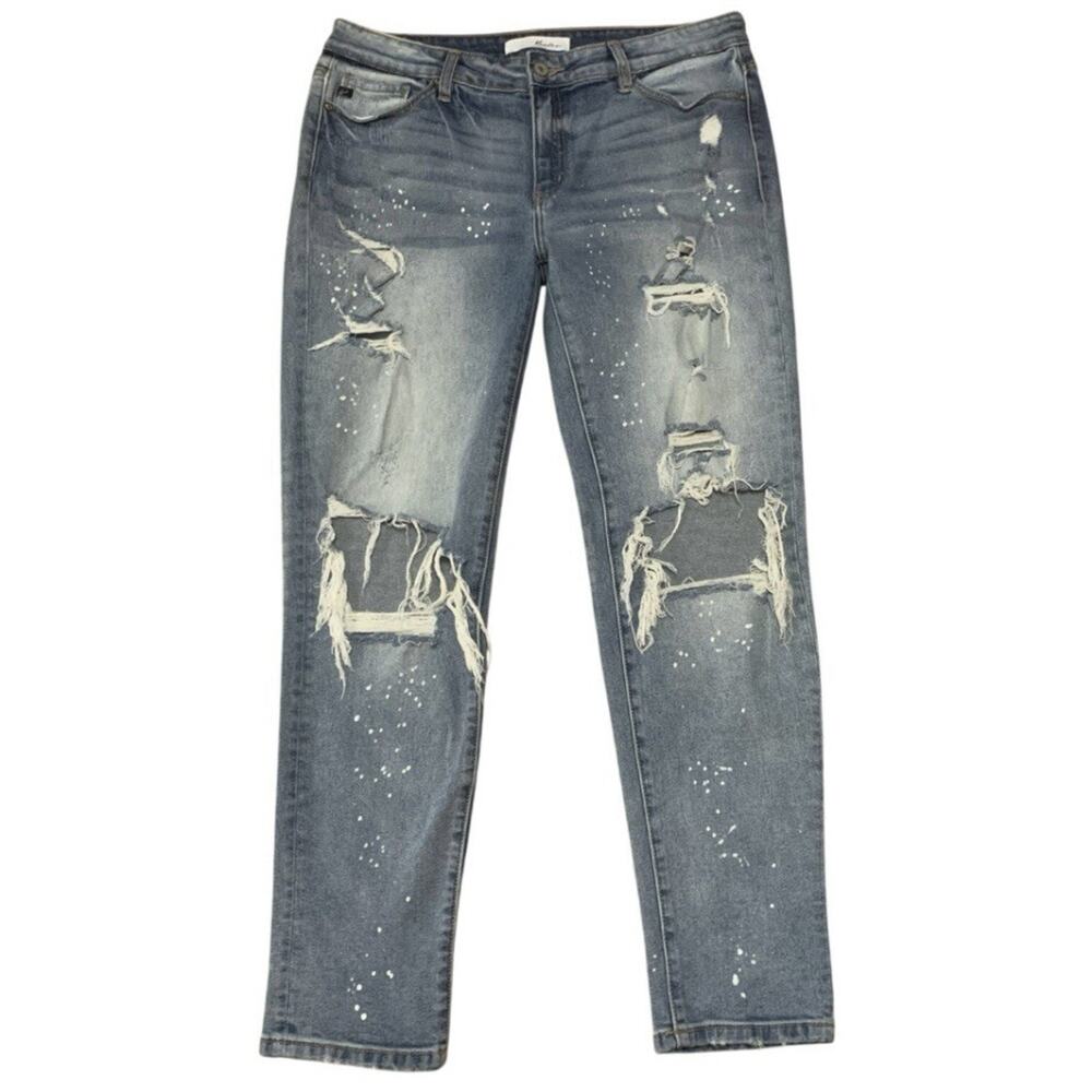 Kancan Distressed Jeans Stretch Blue Denim Slim Straight Paint Splatter 11/29